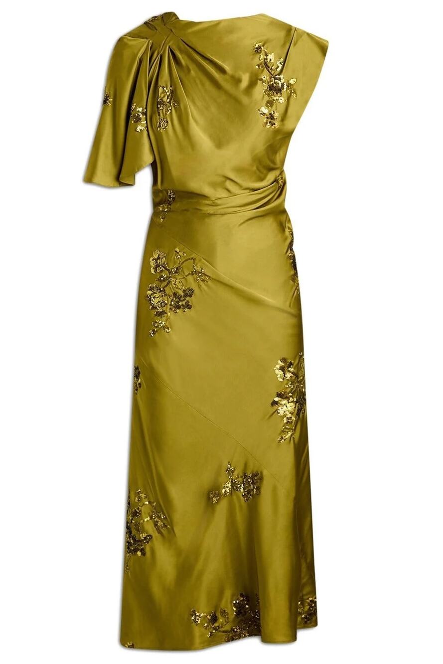 Scanlan Theodore Dress Midi Green Draped Embellished Sleeveless Cocktail Size 2